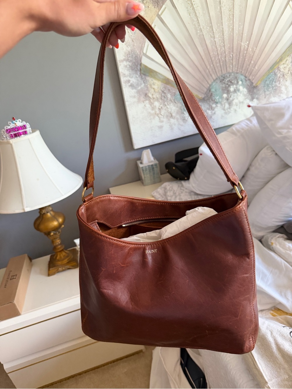 FOUNT Brown Leather Shoulder Bag — Smooth Classic Carryall - Picture 3 of 5